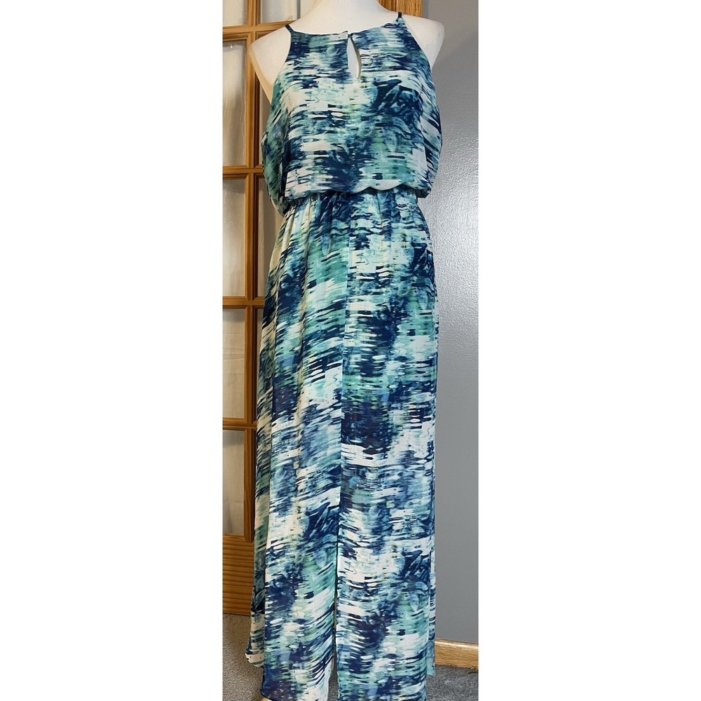 Daisy Fuentes Abstract Print Maxi Dress Sz L Blue White Chiffon Sleeveless